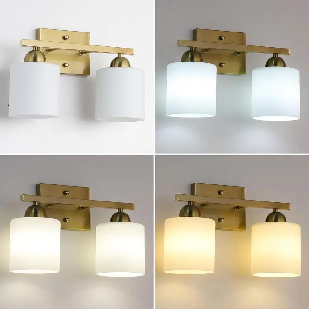 Luci da toeletta dorate a 2 luci a parete con prese in ceramica E26 per bagno in vetro di latte in acciaio inossidabile