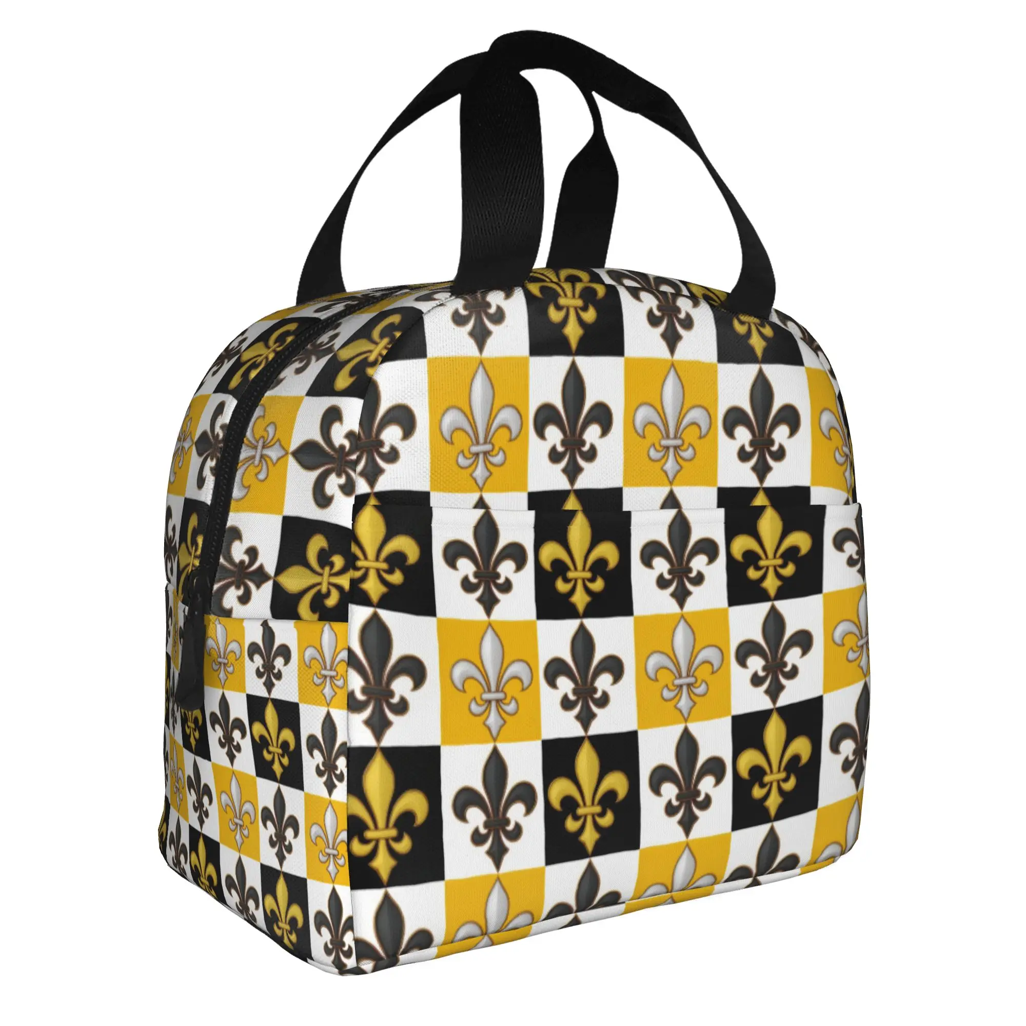Yellow Black White Checkered Fleur De Lis Lunch Bag Men Women  Cooler Warm Insulated Lunch Boxes for Adult Office
