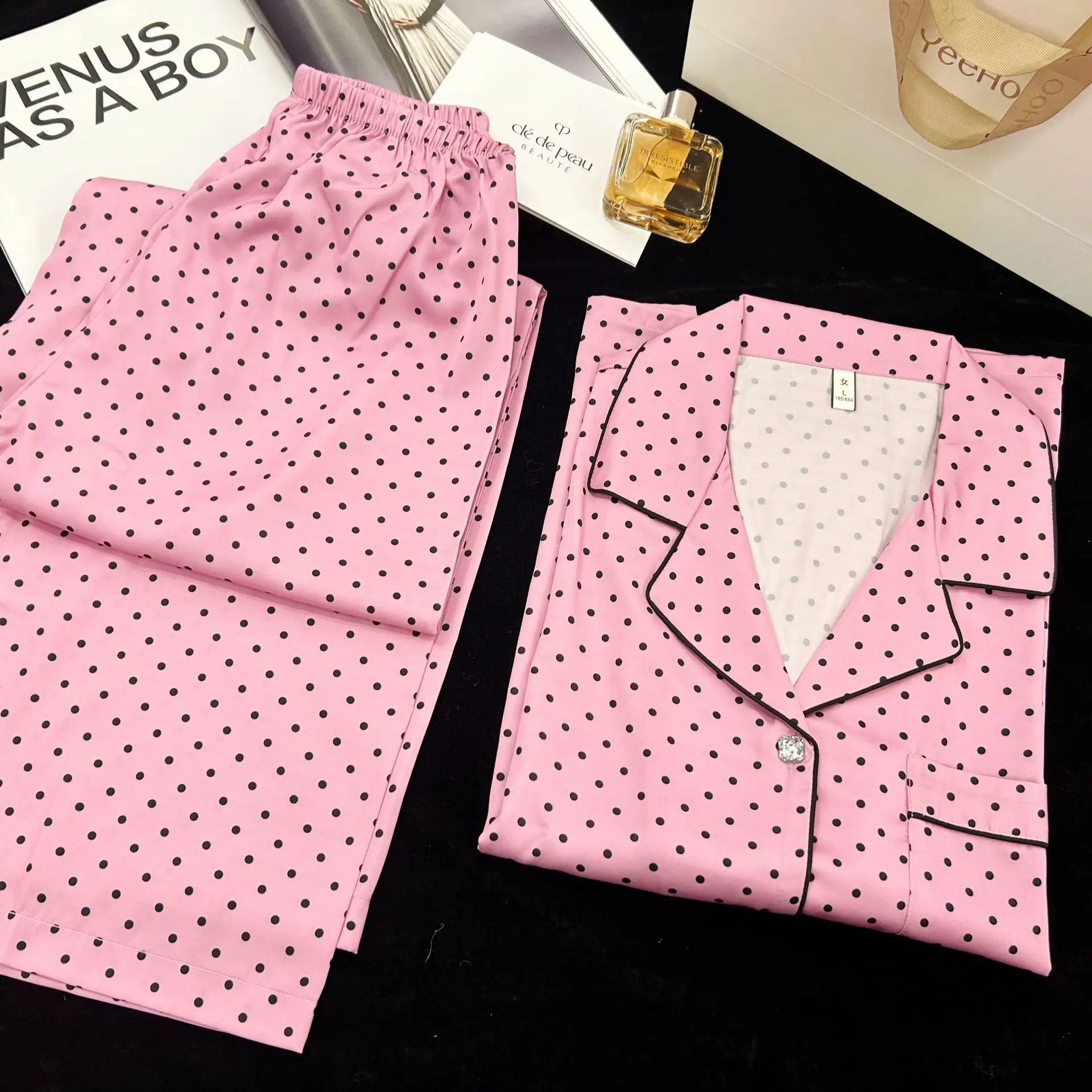 Pink Polka Dot Ice Silk Sleepwear Set Women's Long Sleeve Long Pants Home Clothes Set Breathable Comfortable Luxury Noble