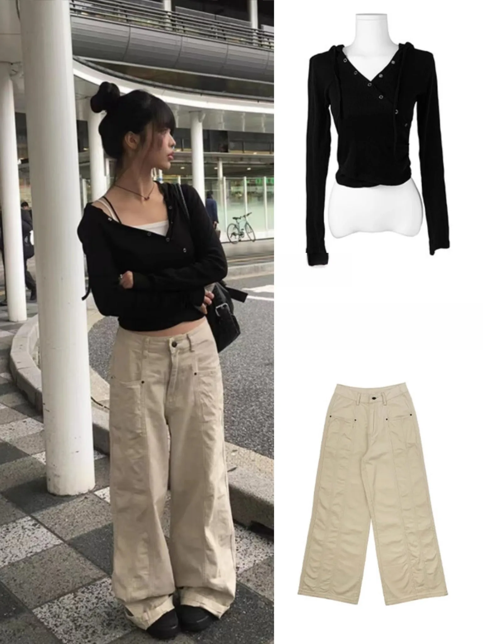 

Корейский повседневный комплект: свободная футболка с длинным рукавом и прямые брюки с высокой талией, большие размеры