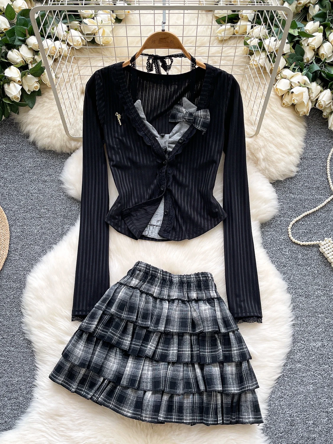 

Универсальный жилет с принтом College Sle, длинный полосатый кардиган, пальто, клетчатая юбка, комплект, женский модный осенний наряд