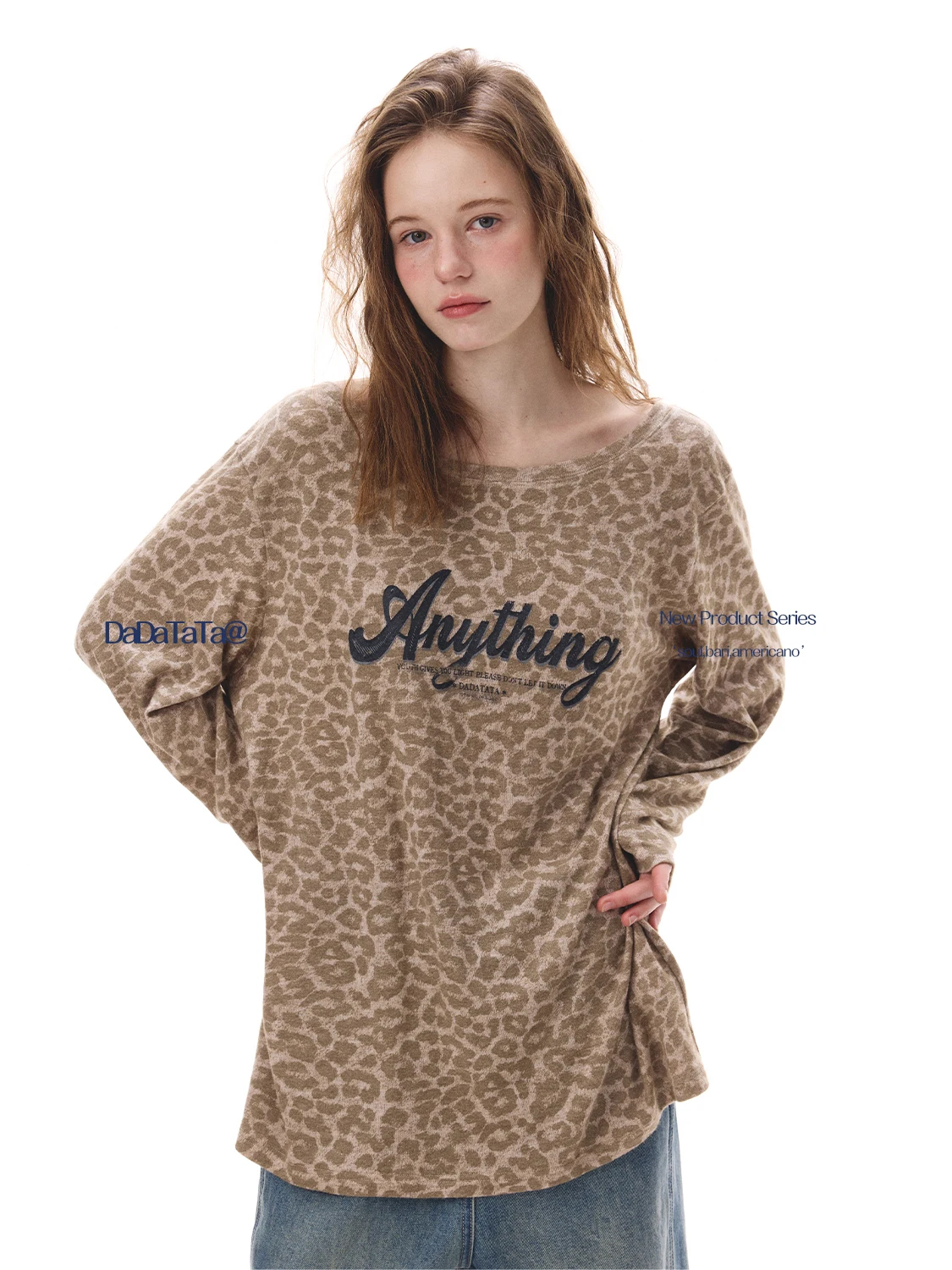 

Loose Long Sve T-irt Letter Embroidery Leopard Print Base Layer Crystal Label DTA Sweetheart Casual Sle Women's Top