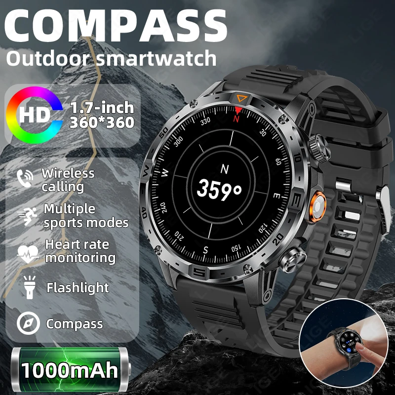 

LIGE Military Smart Watch For Men 1.7″ HD Screen LED Flashlight Compass Watch 1000mAh Battery Heart Rate Health Smartwatch New