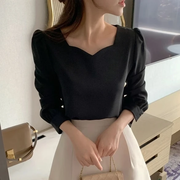 

Ele Bla Long Sve Women's irt Design Sensation Small ence Aosphere Love Heart Square Collar Bubble Sve Gen...