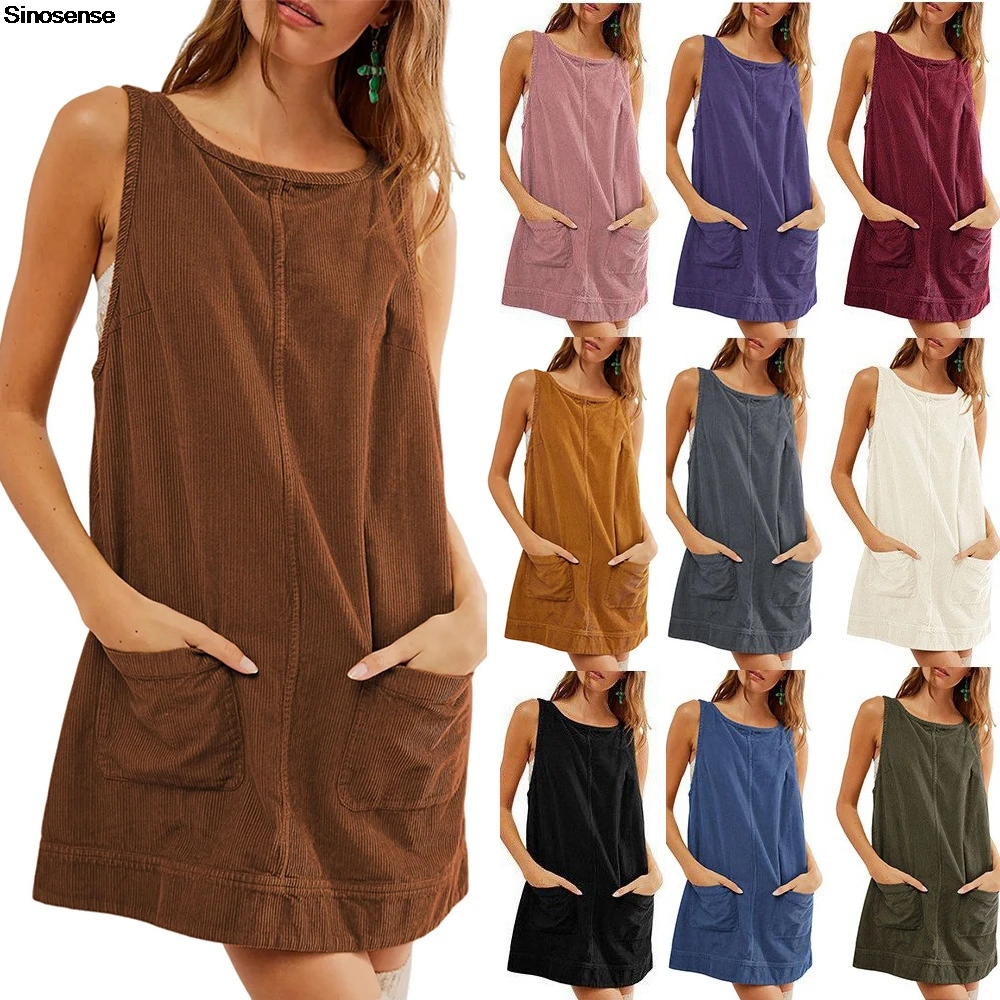 Ärmelloses Tank-Kleid für Damen, Rundhalsausschnitt, Cord-Overallkleid, Y2K, Ausgehen, Alltagskleidung, Schule, Straße, Datum, Reisen, A-Linie, Minikleid