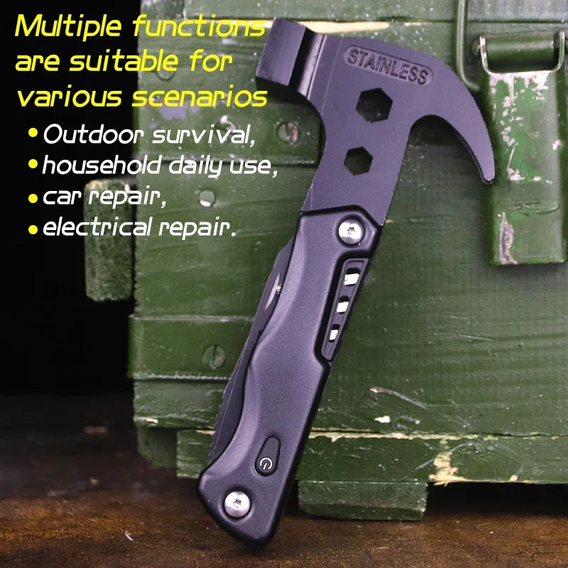 Outdoor multifunctional portable folding axe Hammer Stainless steel camping survival axe car broken window claw hammer tool