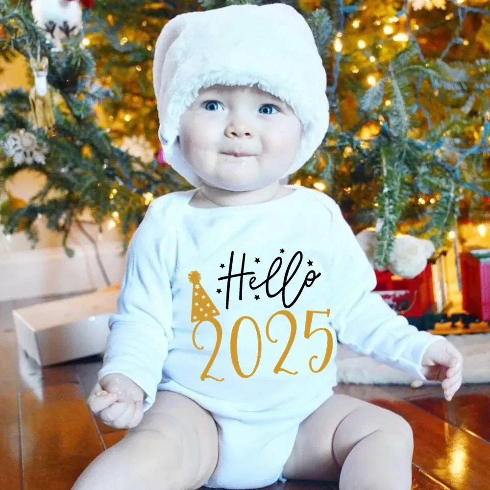 Hello 2025 Newborn Baby Bodysuit Cotton Long Sleeve Infant Rompers Body Baby Boys Girls New Year Ropa Clothes Christmas Gift