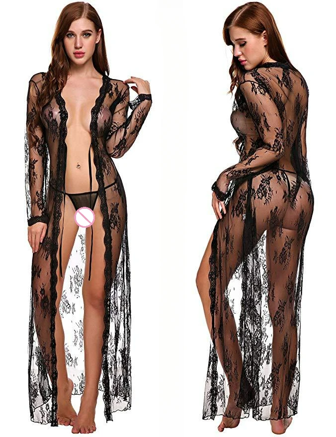 Ladies Sexy Lace Mesh Transparent Robe Nightdress Sexy Nightgown Ladies Secret Underwear Transparent Prom Dressing Jacket Dress