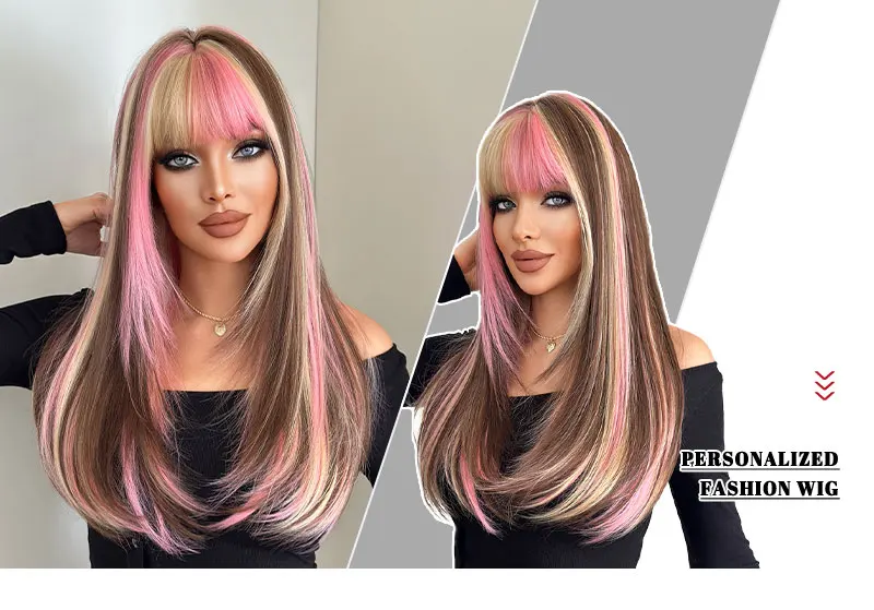 NAMM Lange, gerade, farbenfrohe Perücken für Frauen mit Pony, natürlich aussehendes, weiches, hochwertiges synthetisches, hitzebeständiges Faserperückenhaar – Detail 1