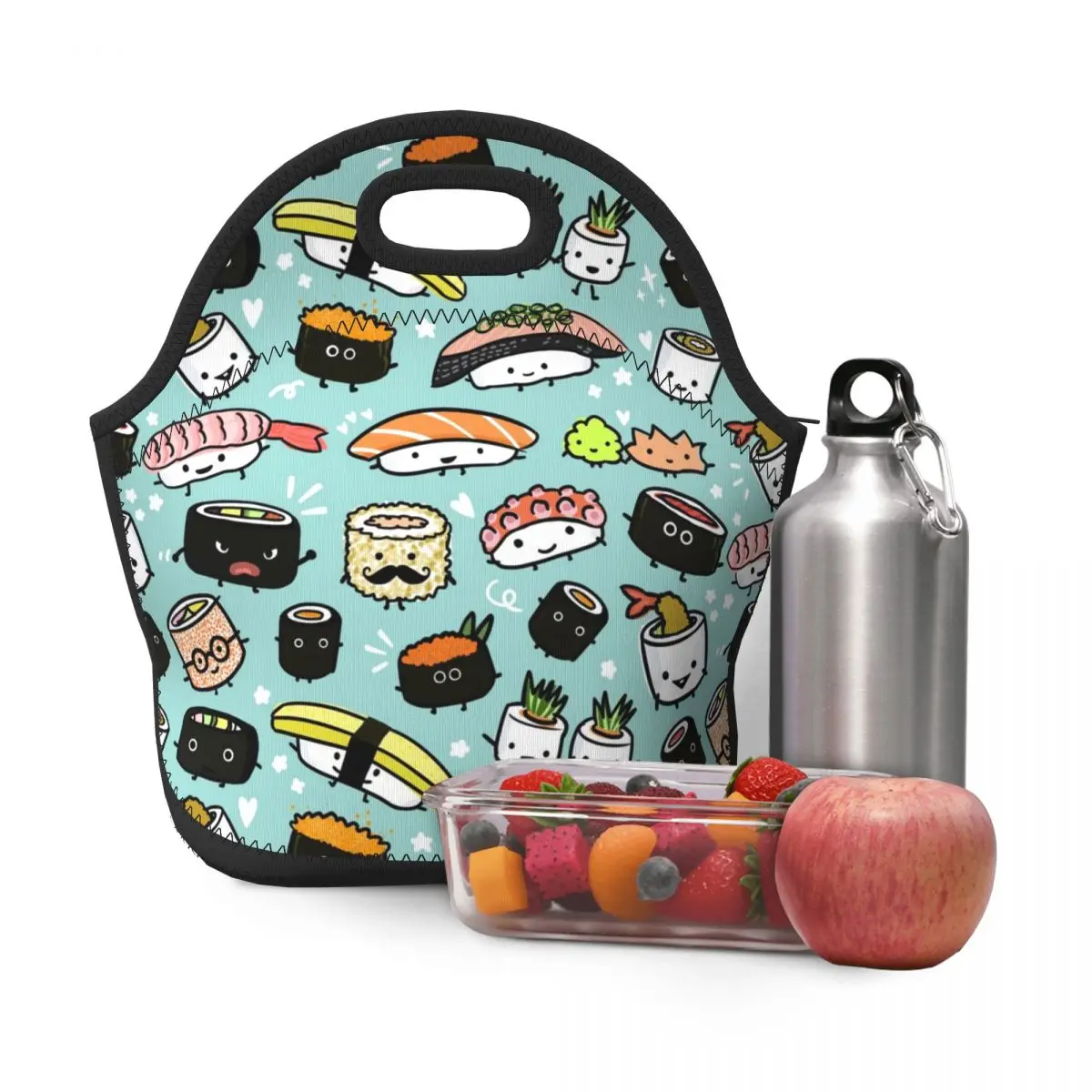 Neoprene Cartoon Japanese Food Sushi Pattern Insulated Lunch Bags for School Office Picnic Cooler Thermal Lunch Box Women