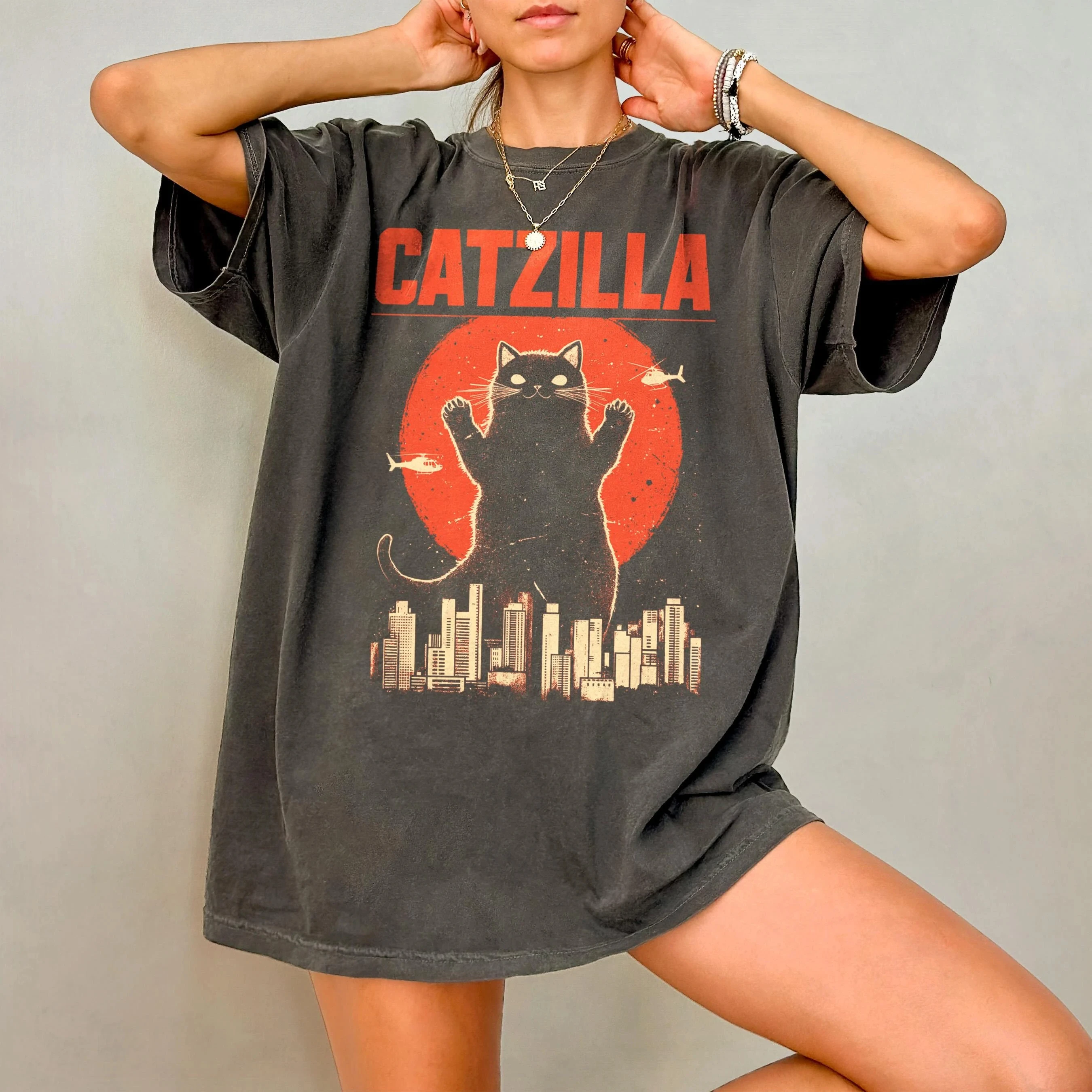Женская винтажная рубашка Catzilla больших размеров - футболка с забавным котом из чистого хлопка, дышащая, модная и универсальная, больших размеров унисекс
