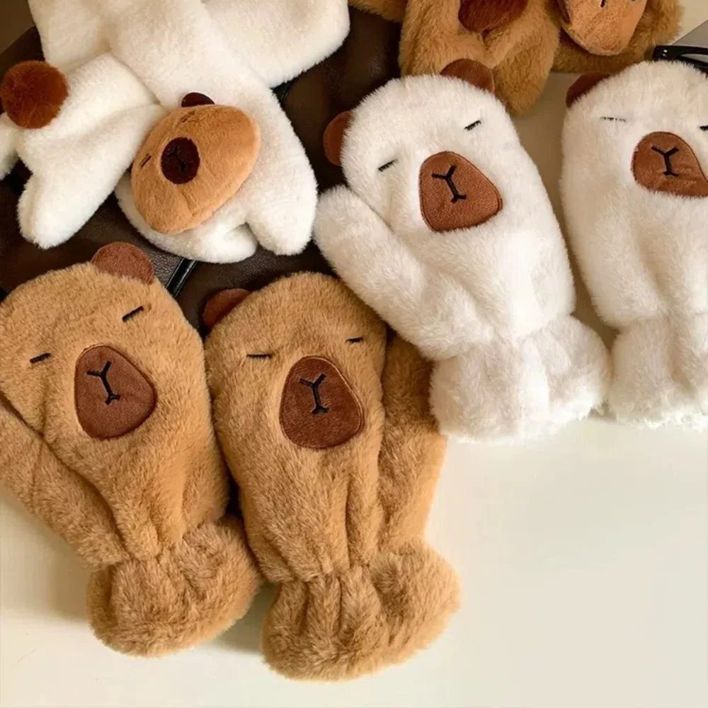 Cute Faux Rabbit Hair Capybara Lanyard Mittens Windproof Soft Cartoon Anti-cold Mittens Furry Ear Full Finger Gloves Autumn