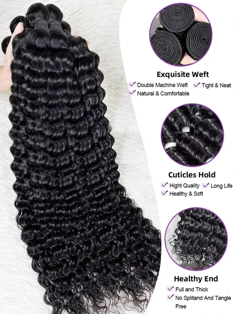 Brazilian Remy Unprocessed Deep Wave Bundles 12-40 Inch - 1/3/4 Weave Extensions Natural Curly Hair Deals For Daily Use