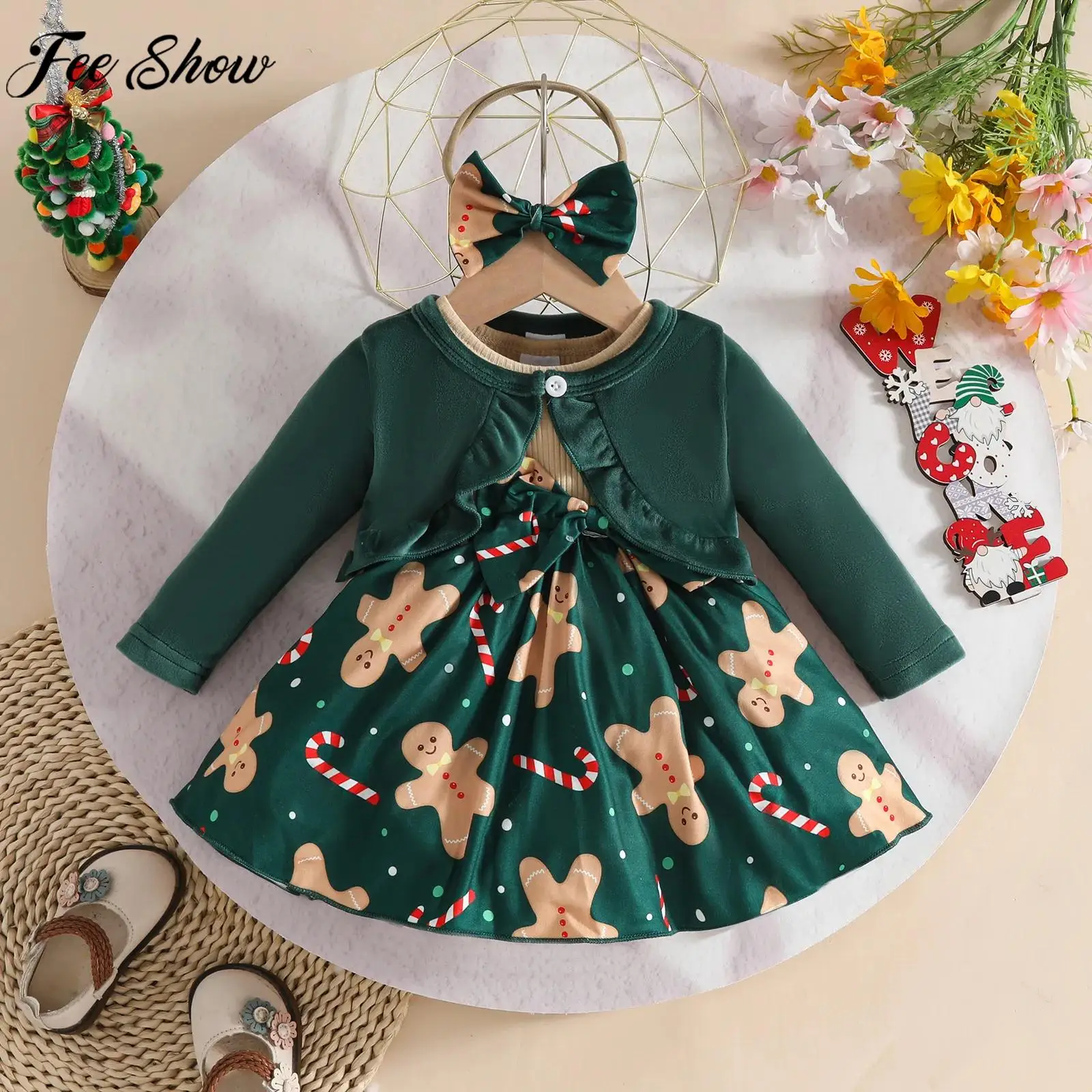 

Baby Girls Christmas Dress with Cardigan Xmas Print Gown Long Sleeve Velvet Shawl Coat Headband Set for Wedding Birthday Party