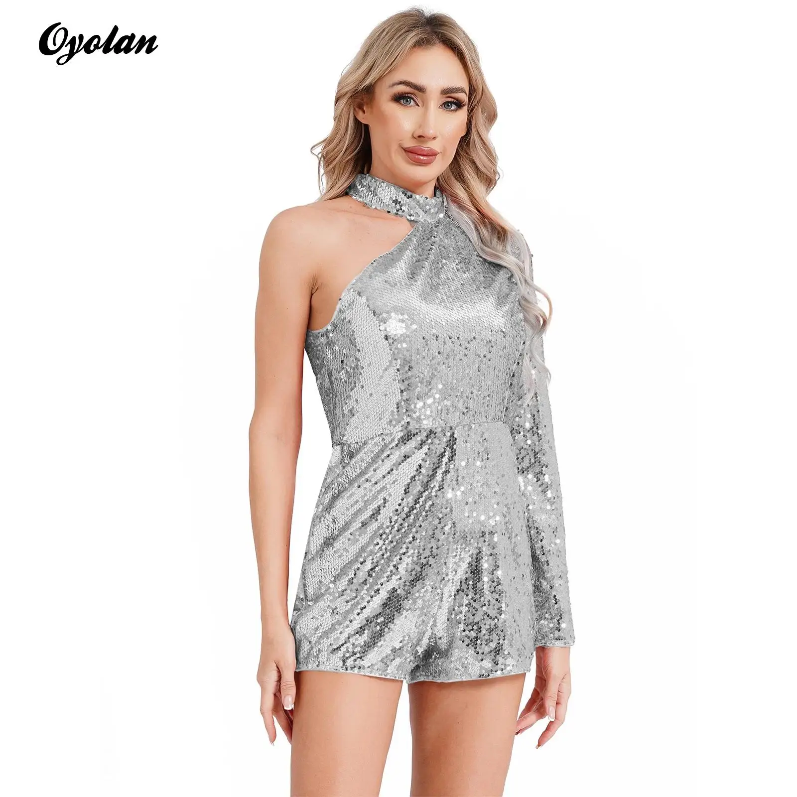 

Womens Sparkly Sequins Disco Party Bodysuit Rompers for Pole Dancing Long Sleeve Shorts Bottoms Jumpsuit Rave Party Clubwear