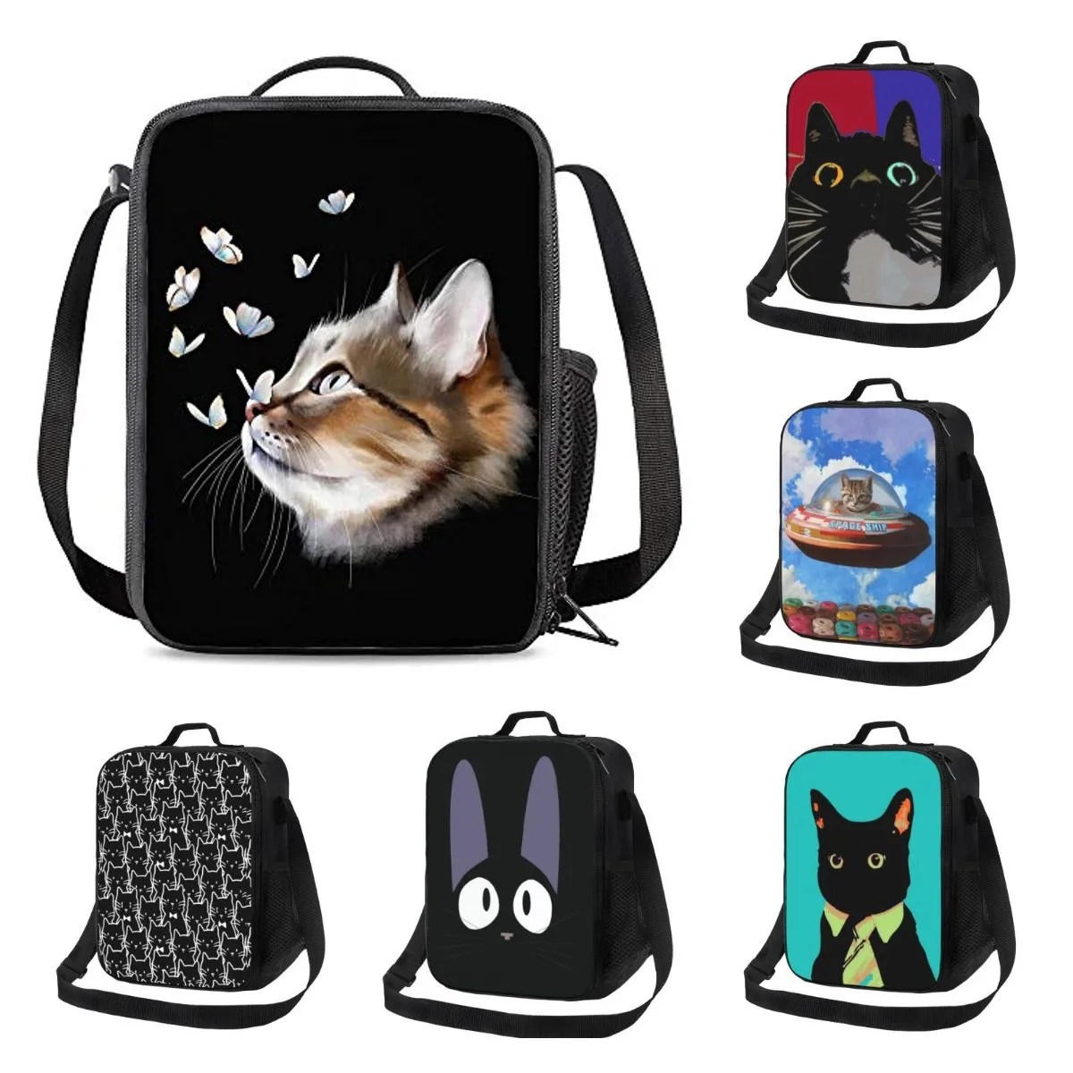 Bolsa de almuerzo con aislamiento de gato lindo para el trabajo escolar, oficina, Picnic, Tote de mariposa, contenedores para amantes de los gatos, bolsa reutilizable para niños