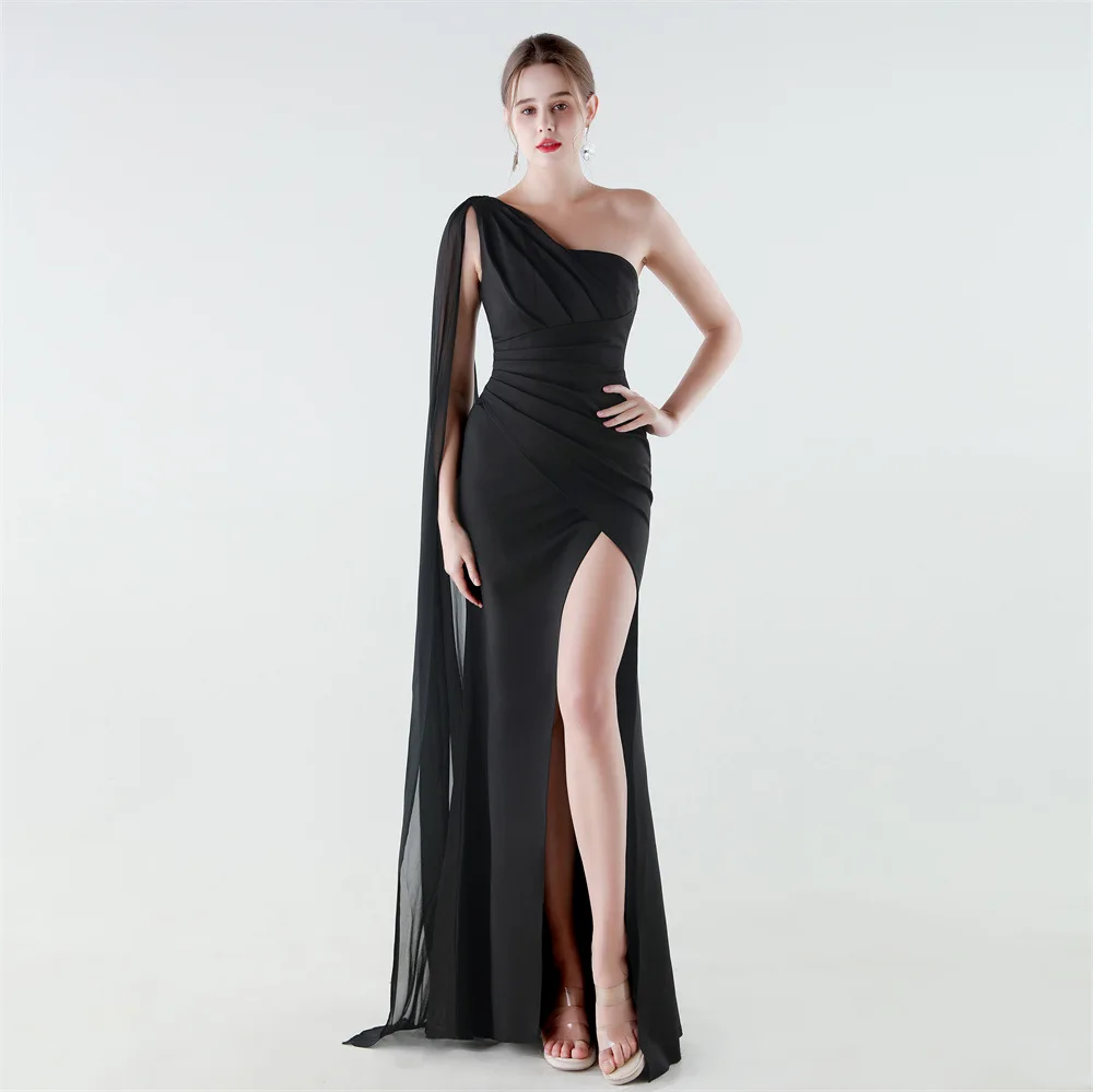 One-Shoulder-Abendkleid aus Satin und Chiffon für Damen, elegantes Meerjungfrauenkleid mit hohem Schlitz, schmale Passform, formelles Party-Abschlussballkleid