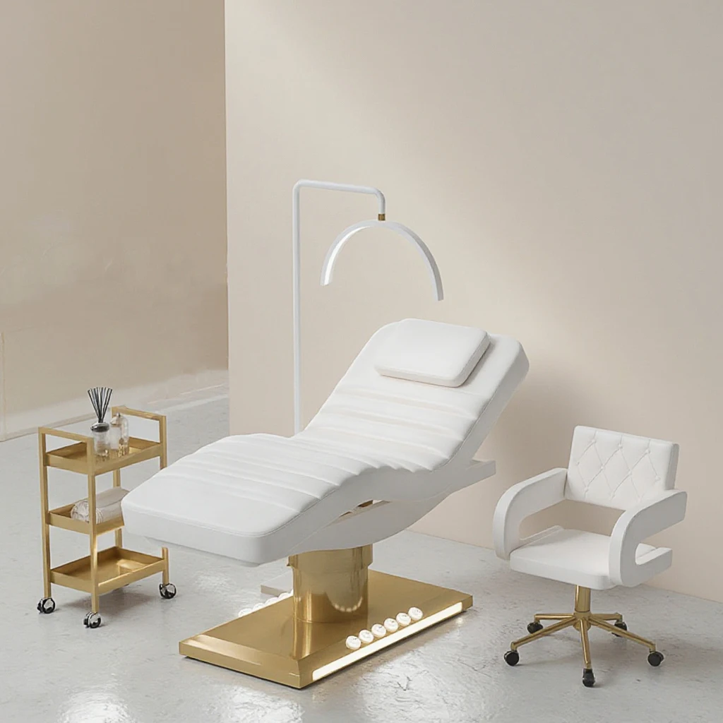 سرير الوجه الكهربائي الاحترافي الفاخر من الفولاذ المقاوم للصدأ باللون الذهبي 3 محركات سبا صالون سرير طاولة تدليك التجميل سرير التجميل