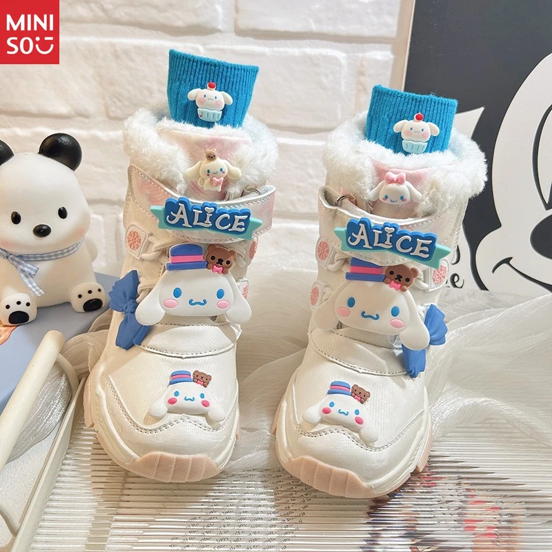 أحذية الثلوج من الفرو الصناعي للفتيات من Miniso - أحذية شتوية جلدية على طراز الأميرة، مبطنة بالقطيفة ودافئة لعام 2025