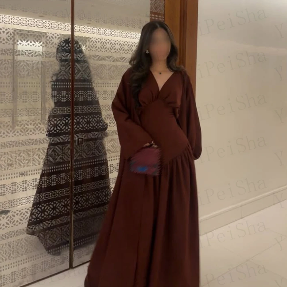 Personalizado a linha vestidos de baile até o chão com decote em v manga cheia formal vestido de noite simples drapeado moda casual vestidos de festa