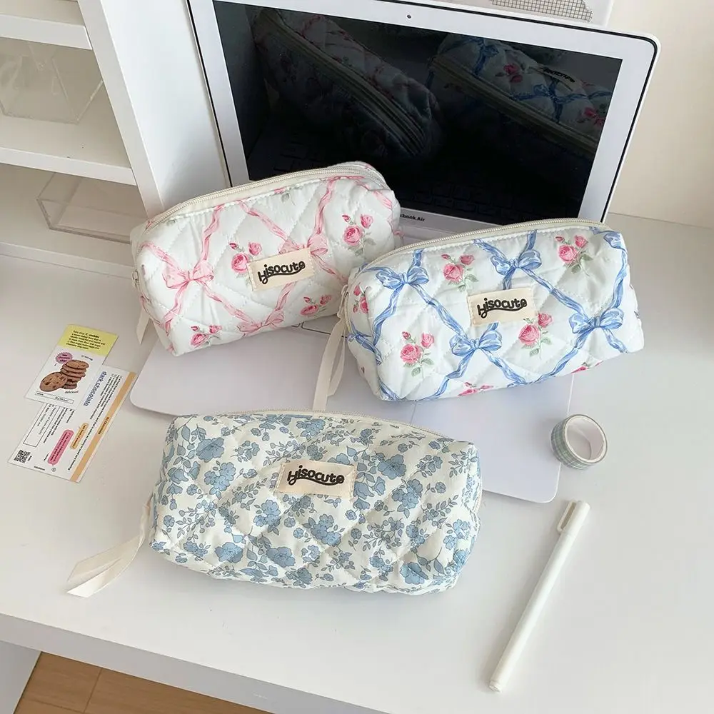 Bow Large Capacity Pen Case Rhombus Flower Stationery Storage Bag Detachable Cartoon Makeup Lipstick Bag School Office Supply