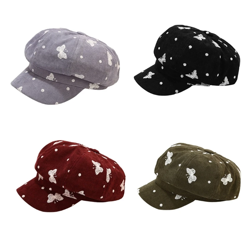 Cappello da Baseball ottagonale in velluto Vintage stile britannico da donna per berretto con visiera da pittore con ricamo a farfalla