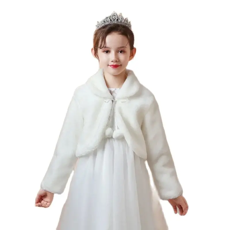 Kids Girls Princess Thicken Plush Jacket Crop Wraps Shawl Flower Girls Long Sleeves Bolero Warm Cape Wedding Birthday Party Coat