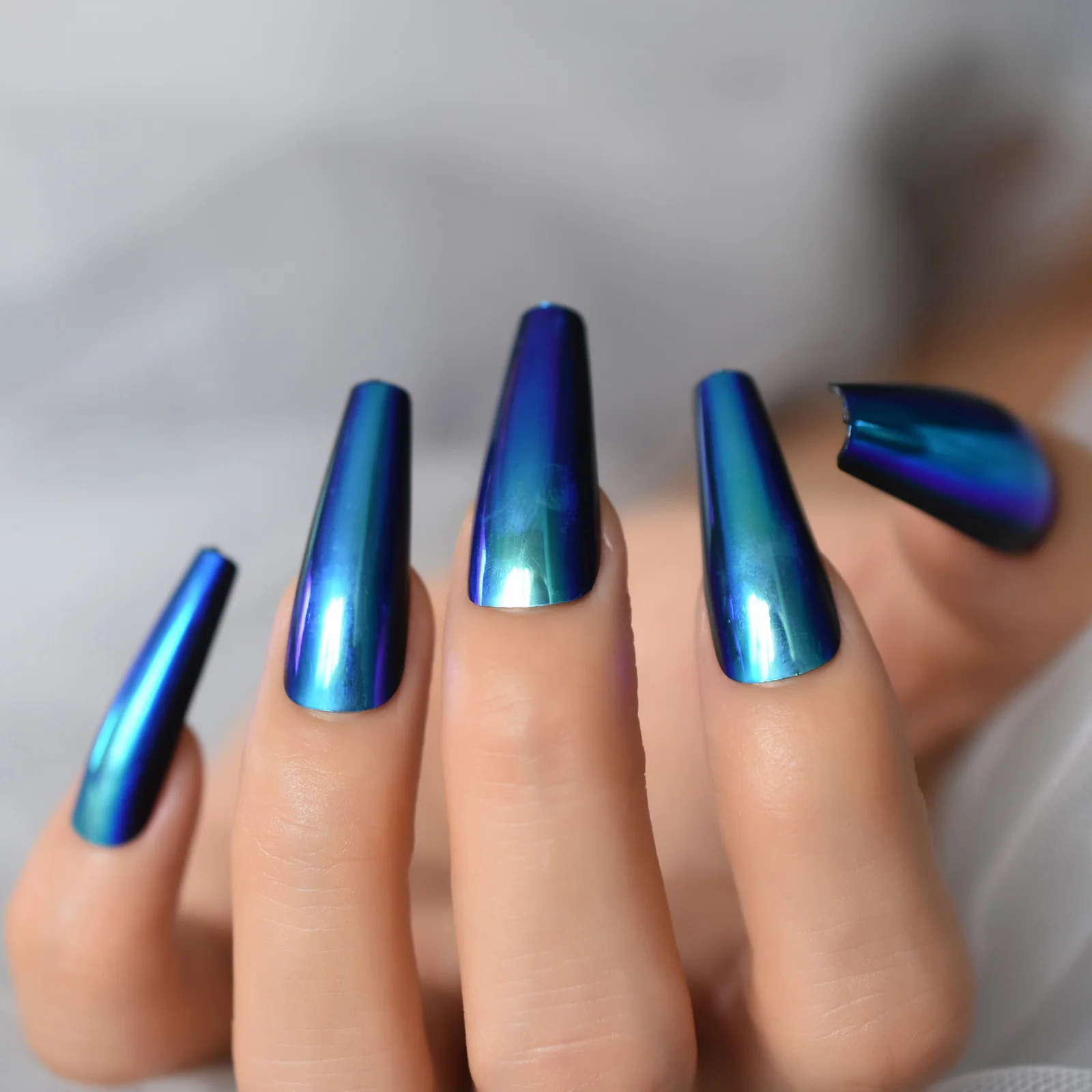 Chrome Metallic Fake Nails Set Mirror Extra Long Press On Nails Coffin Ballerina Blue Acrylic False Nail Art Tips For Women