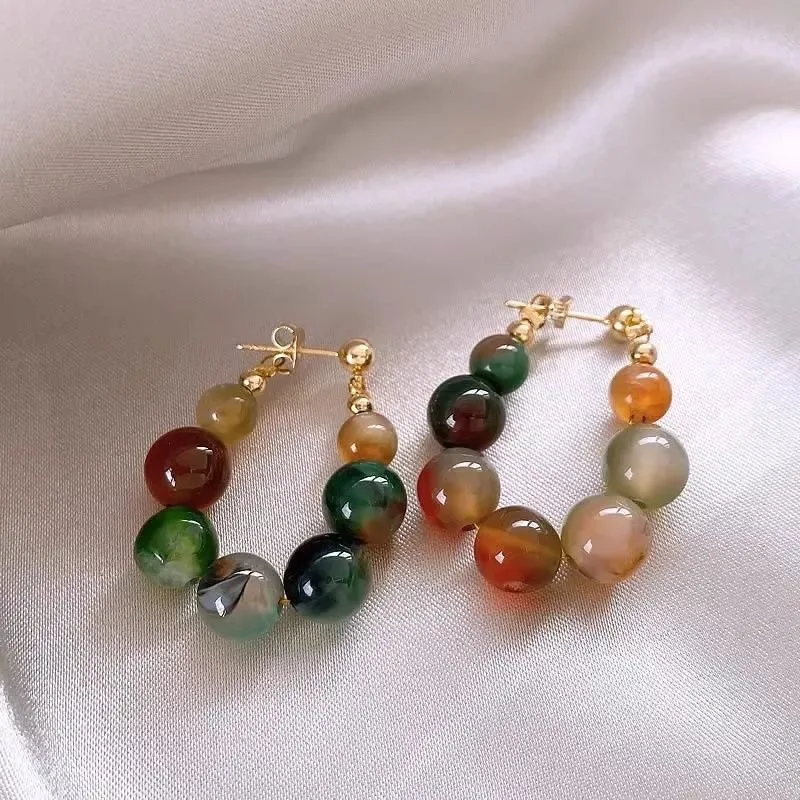 2024 New Retro Niche Colored Natural Stone Beaded Earrings Fashionable And Minimalist Geometry Temperament Commuting Earrings