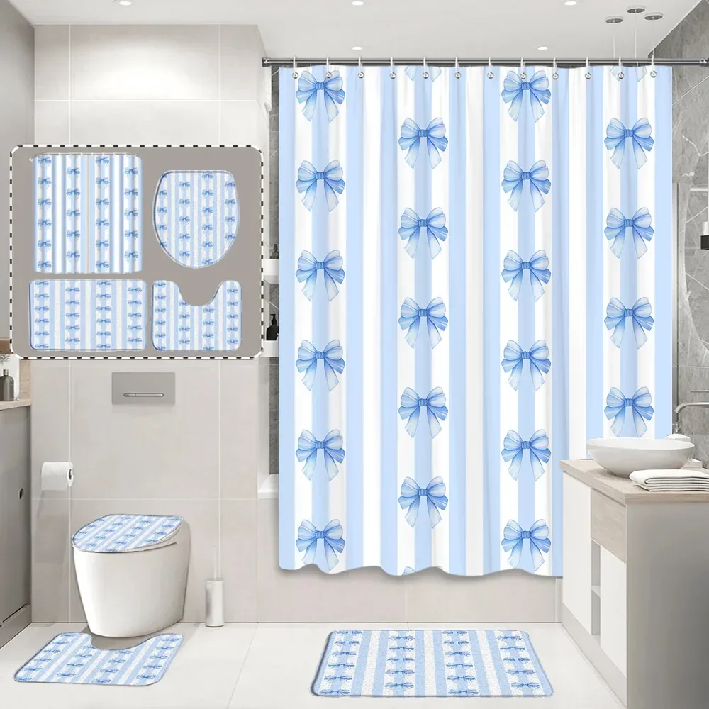 Fashion Plaid Bow Shower Curtain Rug Set Love Holiday Gift Girls Modern Home Shower Curtains Bath Mat Bathroom Decor with Hooks