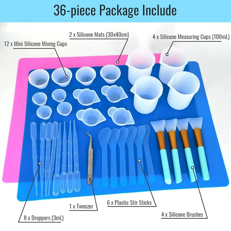 Epoxy Resin Mixing Tools Kit 36Pcs Reusable Soft Silicone Resin Tools Supplies Includes Silicone Mats Measuring Cups