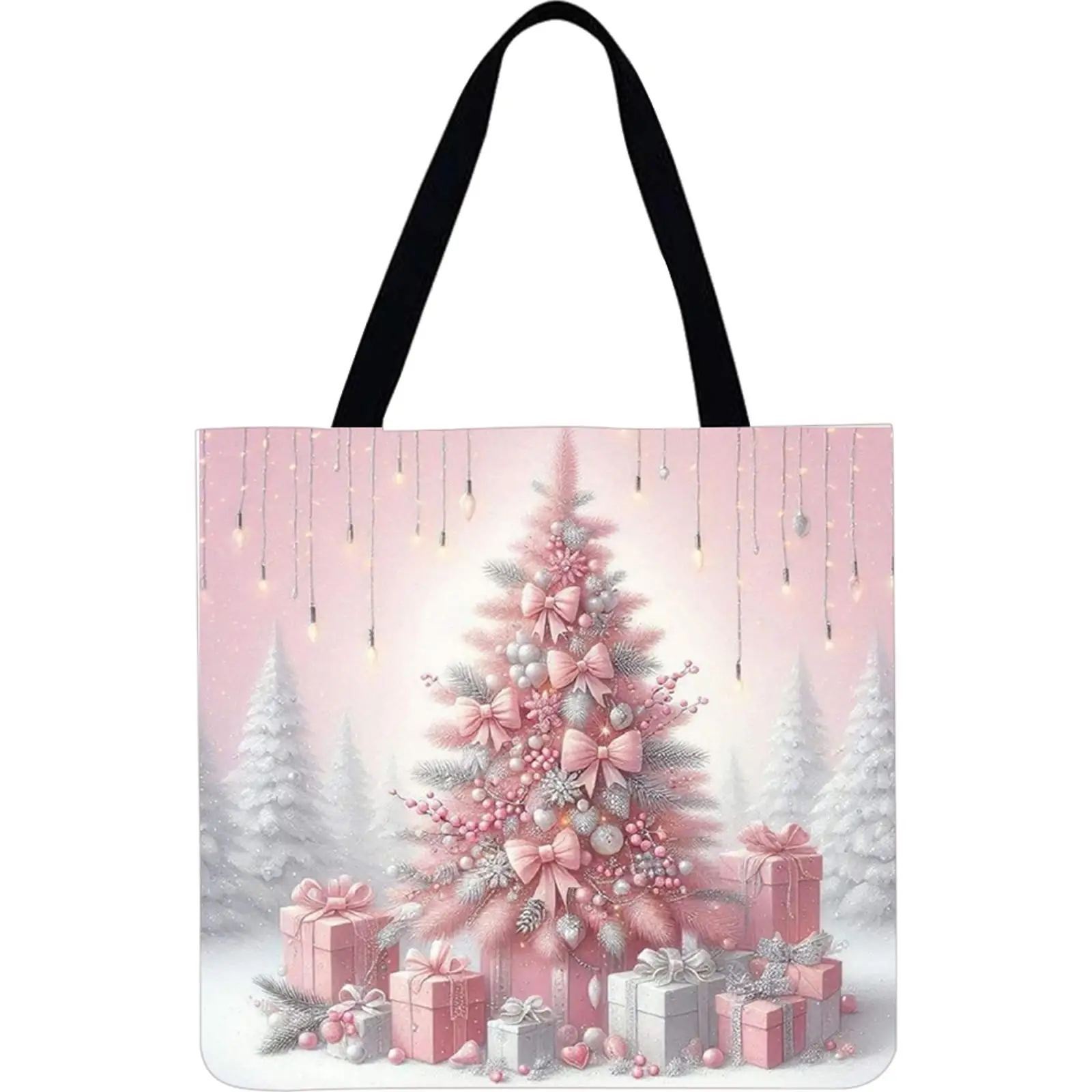 4 قطع عيد الميلاد الكتان حمل حقيبة يد سعة كبيرة المرأة حقيبة كتف للتسوق #3