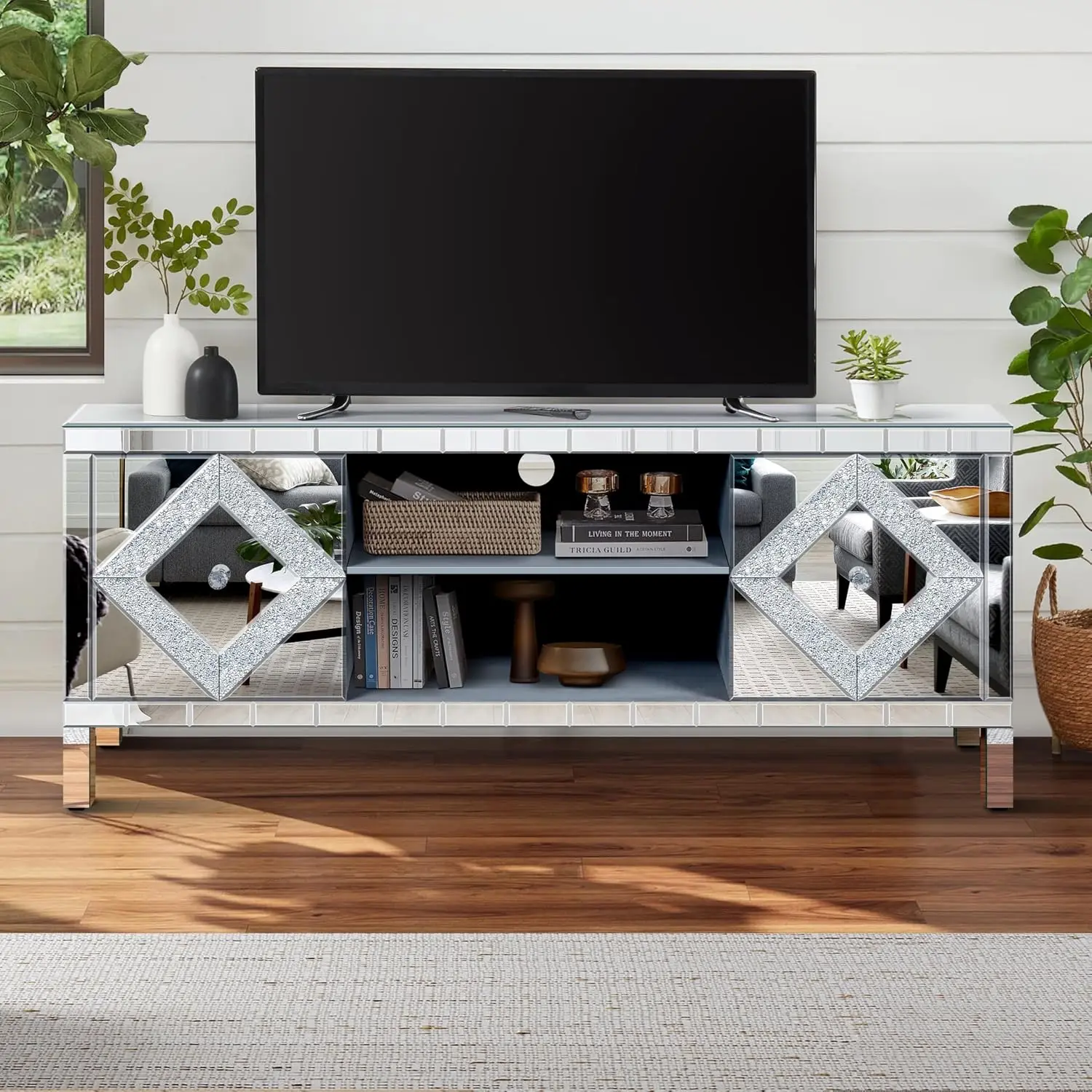 Mirrored TV Stand for 65+ inch TV Modern Entertainment Center with Doors and Shelves for Living Room Silver Mirror, Customized