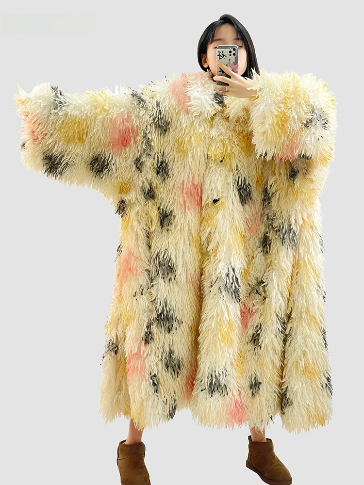 

Nerazzurri Fashion Print Eco-friendly Fur Coat Women Winter Oversize Loose Fluffy Coat Korean Style Long Sleeve