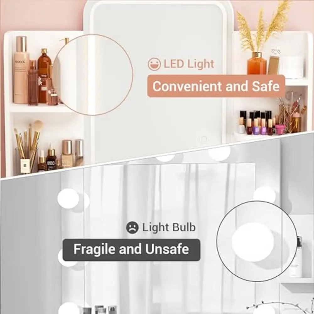 Tocador de maquillaje con espejo iluminado y 2 cajones, 3 opciones de iluminación de Color, diseño moderno, fácil montaje, blanco, tamaño mediano