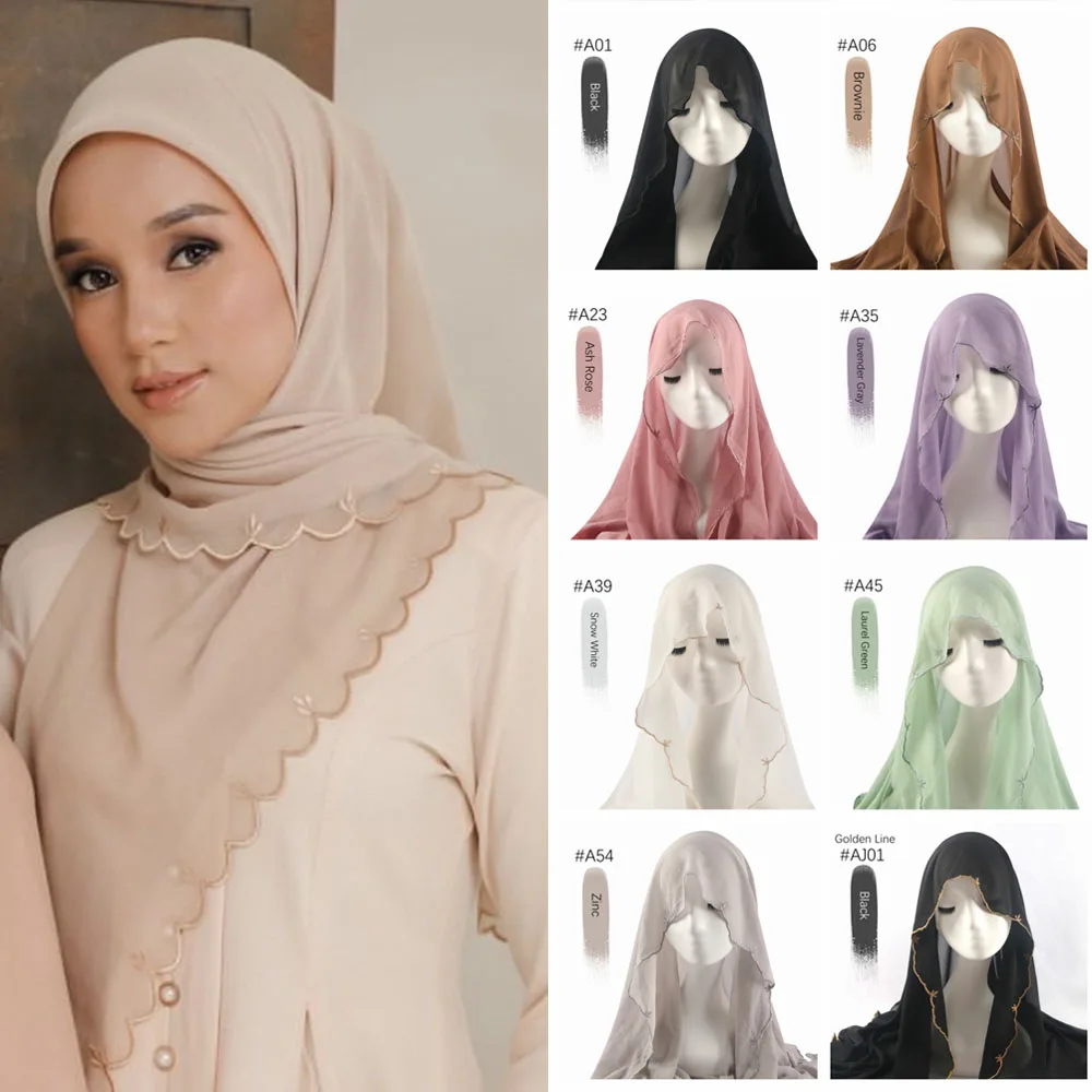 Hijab in Chiffon da donna musulmana con scialle ricamato Hijab con bordo ricamato malesia scialli Sulam sciarpa da testa virale