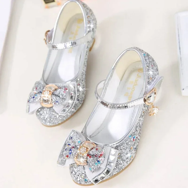 Children Girl Princess Leather Shoes Kids Diamond Bowknot High Heel  Dance Glitter Shoes Fashion Girls Party Dance Shoe