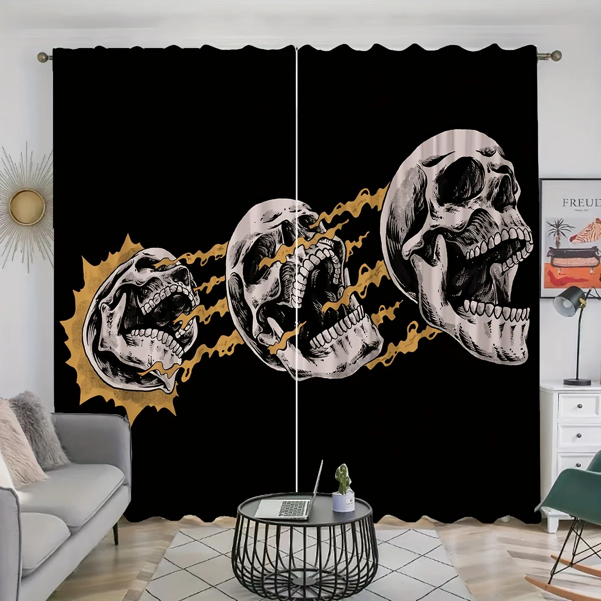 2pcs Skull Pattern Curtains Decorative Window Drapes Window Treatments For Bedroom Living Room Home Deco For Halloween Decor