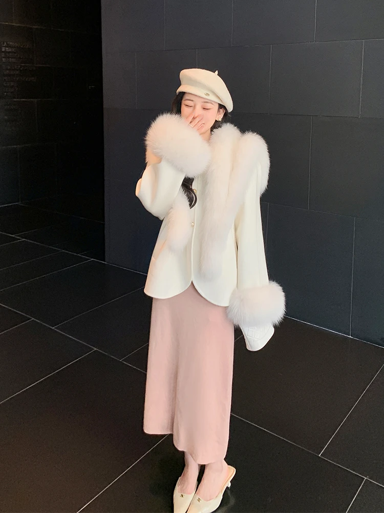 Cappotto corto in lana da donna con polsino in vera pelliccia di volpe moda caldo genuino lana femminile 2024 scialle di lana Outwear vera pelliccia di volpe