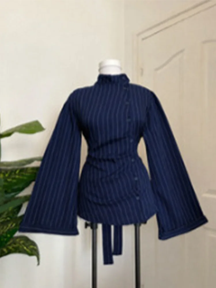 Women Pinstripe Long Sleeve T Shirt Stand Collar Asymmetric Button Ruched Waist Bell Sleeve Slim Fit Y2K Casual Streetwear Top