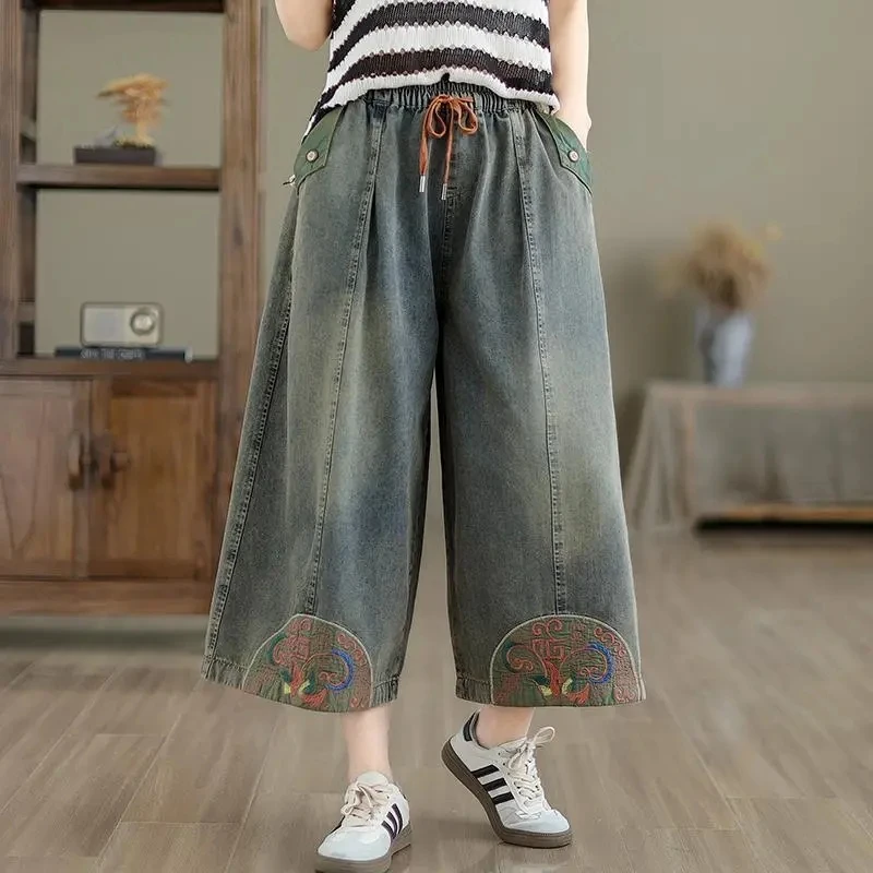 Pantalones vaqueros de pierna ancha para mujer, Vaqueros Retro lavados con bordado Vintage, cintura elástica, holgados hasta el tobillo, 2024