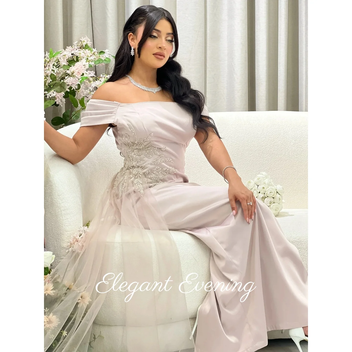

Elegant Party Evening Dresses Off Shoulder Formal Women Pink Saudi Prom Dresses Short Birthday Dress Wedding Gowns Customized