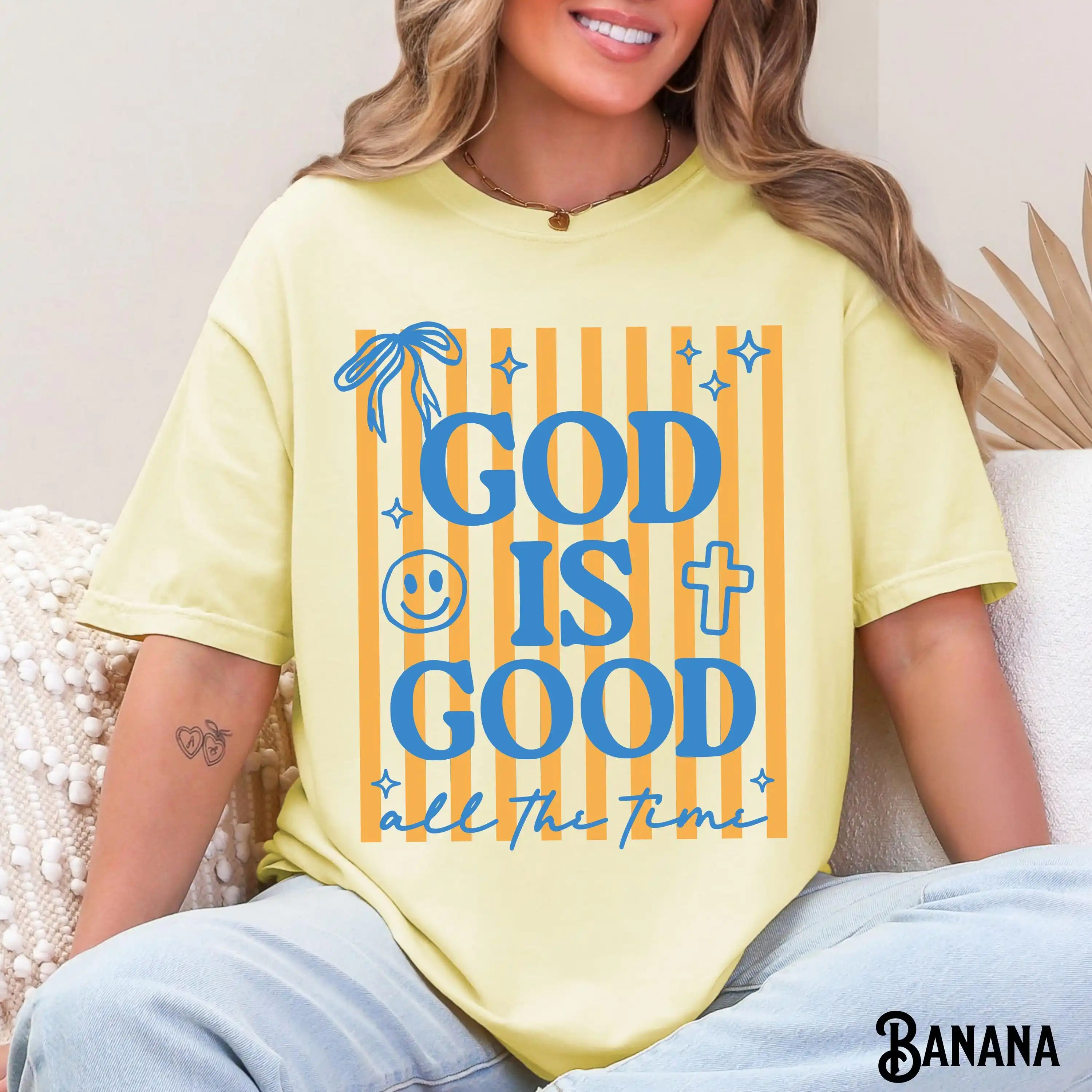 Christian T-Shirt, Unisex Tee, God Is Good All The Time, Stripe Tee, Coquette, Happy Face, Bible, Religious Gift Tee T-shirt