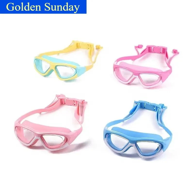 Gafas de natación de gran tamaño, impermeables y antivaho para niños, de alta definición, con tapones para los oídos conectados de silicona