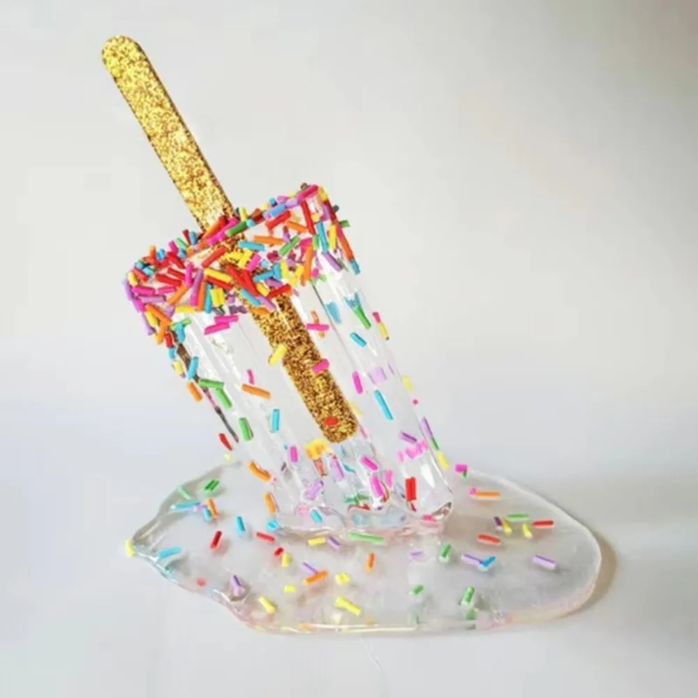 Resin Melting Popsicle Sculpture Melting Effect Glossy Finish Resin Popsicle Ornament Realistic Style Dessert Figurine