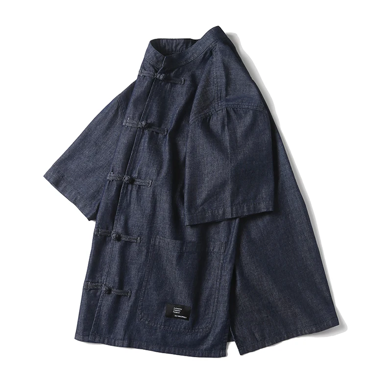 Men Summer Chinese Style Buttons Stand Collar Streetwear Vintage Loose Casual Short Sleeve Denim Shirts Cityboy Blouses Man