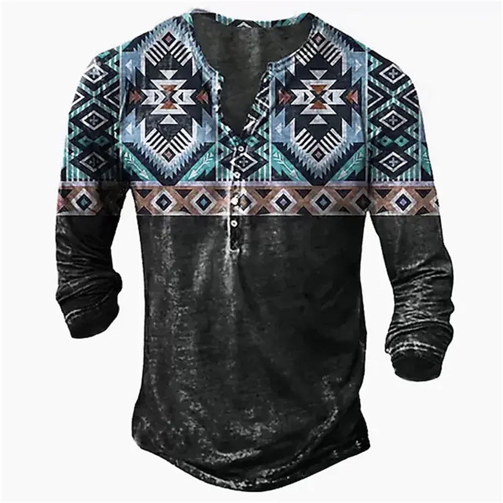 

Vintage Men's T-Shirts With Button Ethnic Pattern Print Spring Autumn Loose O-Neck Long Sleeve Oversized T Shirts Male Clothing