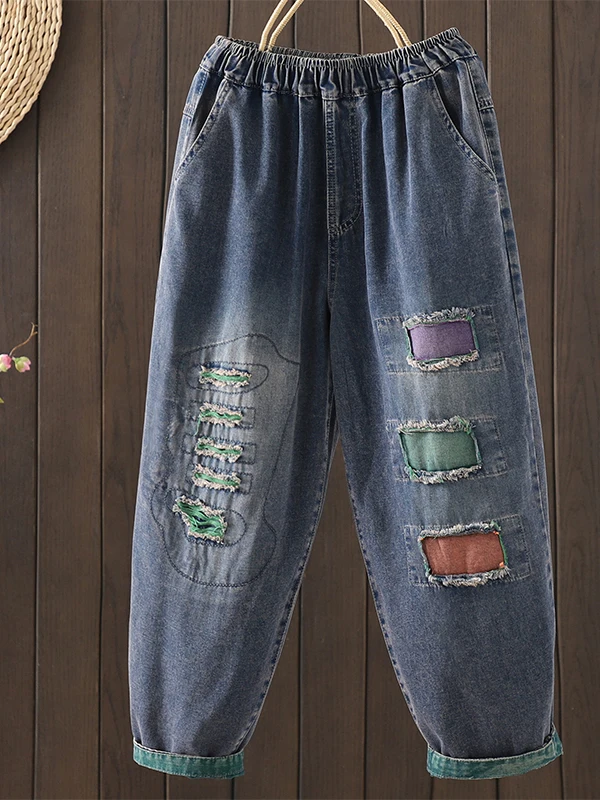 Retro Mustard Thread Hole Nine Points Jeans Women's Color Block Loose Slimming Harlan Pants Casual High Waist Three Quarters