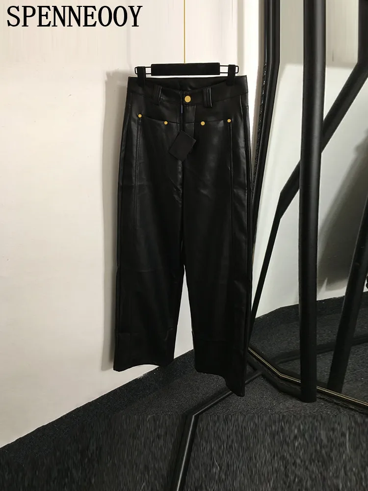 

SPENNEOOY Fashion Runway Autumn Black Color Genuine Leather Trousers Women's Middle Waist Button Pocket Straight Barrel Pants