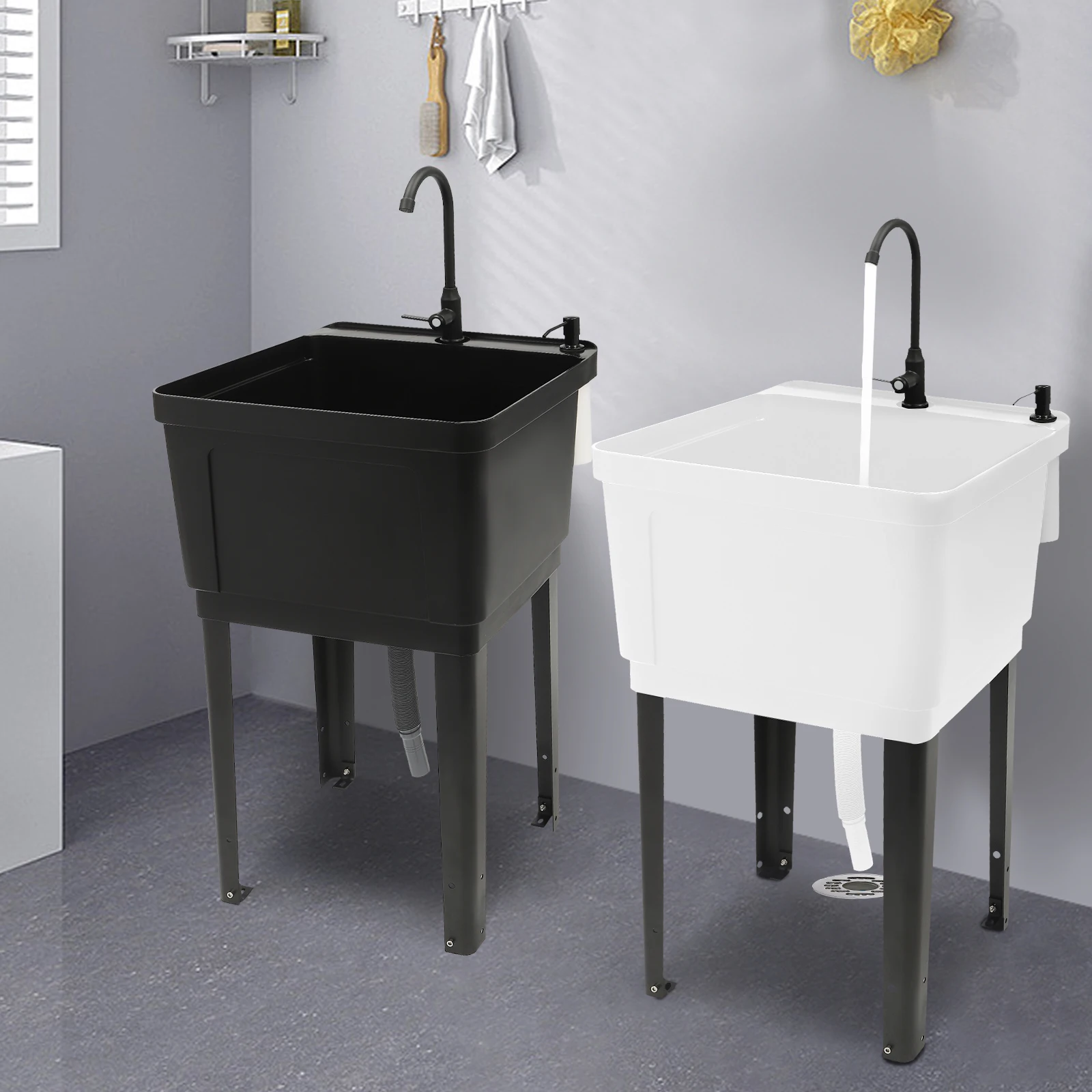 

Black/White Space Saver Utility Sink Laundry Tub Freestanding Space with Saving Rotatable Faucet, Soap Dispenser